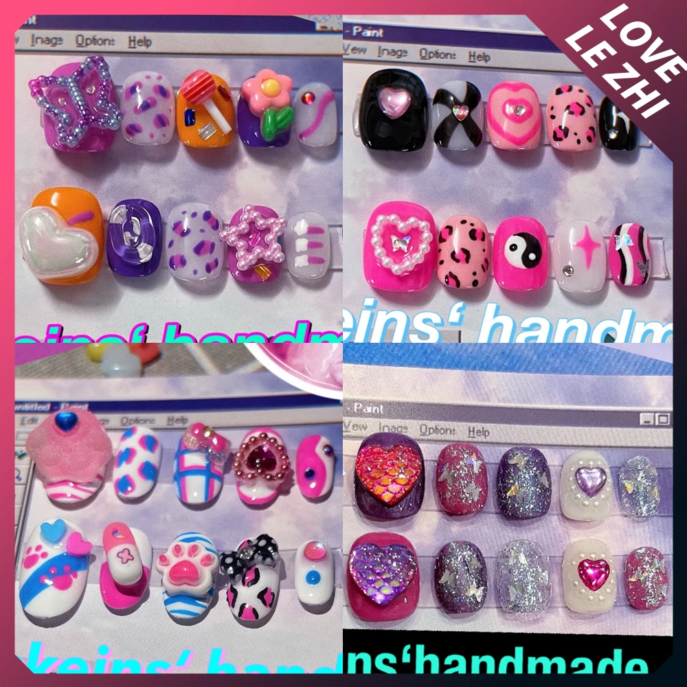 

Y2K Spice Girl Handmade Short Square Round Wearable Press On Nails Colorful Diamond Sequins Love Pearl Bowknot Flower Fake Nails