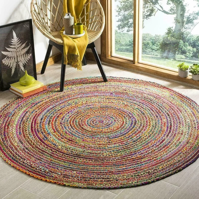 

Rugs Jute and Cotton Household Hand Woven Natural Woven Style Round Reversible Modern Country Look Rug