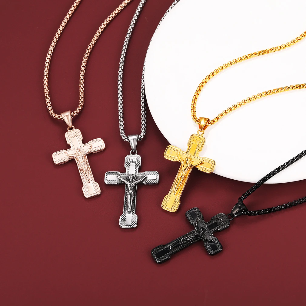 U7 Vintage Style Crucifix Jesus Cross Pendant Necklaces Box Link Wood Beads Chain Retro Catholic Church Religious Unisex Jewelry