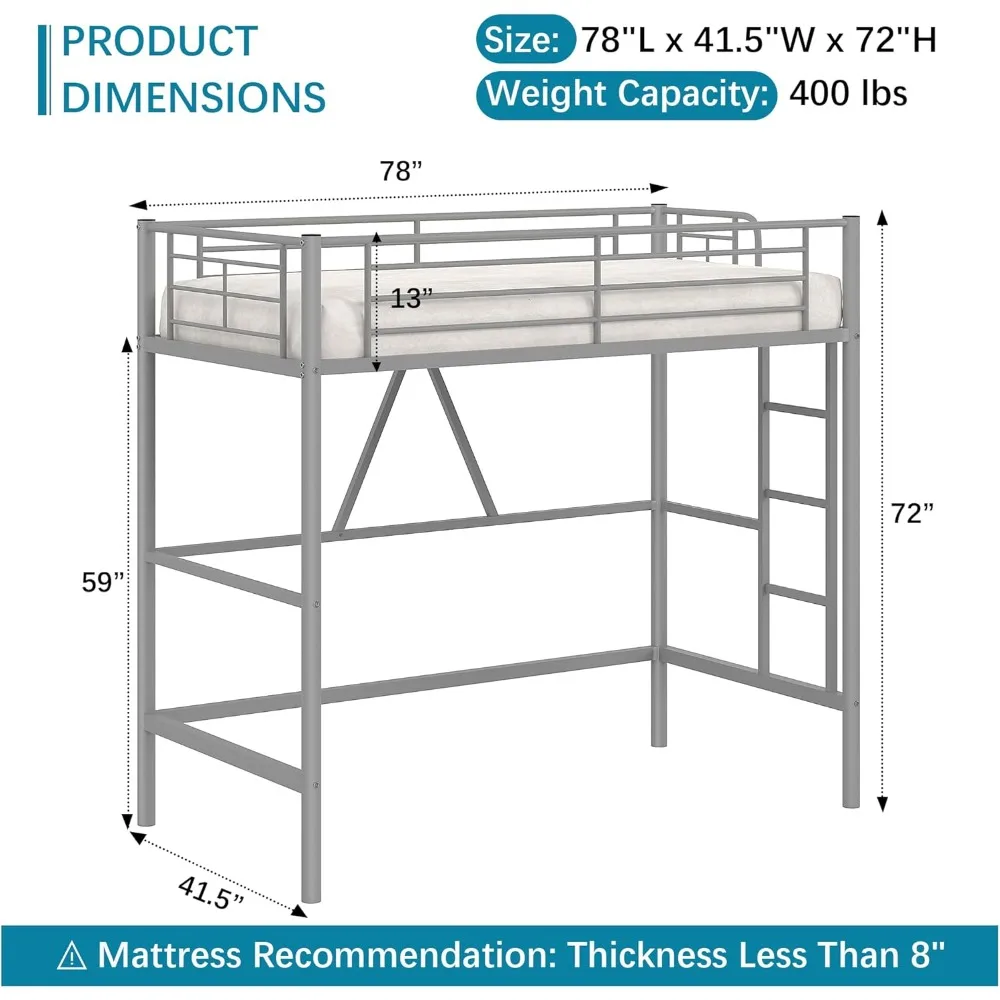 سرير مزدوج علوي مع سلالم، سلم قابل للفصل، حاجز حماية عالي، إطار معدني، موفر للمساحة، تصميم هادئ