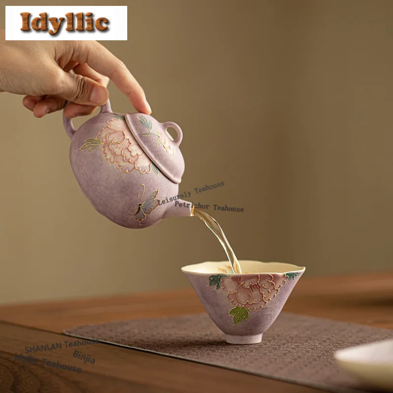 180ml Pile Carve Hand-painted Peonies Teapot Elegant Tea Infuser Pot Household Tea Soaking Kettle with Ball Hole Tea Items Gift