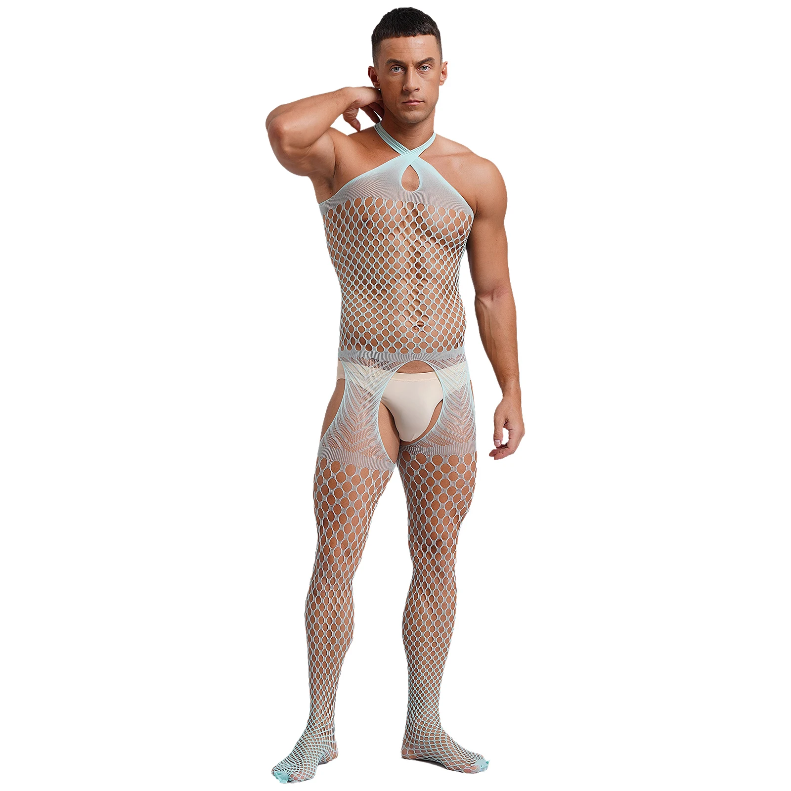 Sexy Mens See-through Cutout Unitard Skinny Jumpsuit Nightwear Lingerie Hollow Out Fishnet Crotchless Bodystocking Bodysuit