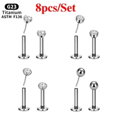 Juego de 8 piezas de titanio G23, pendientes sin rosca, Piercing, Labret, Monroe, cartílago, hélice, Tragus, Concha, Daith