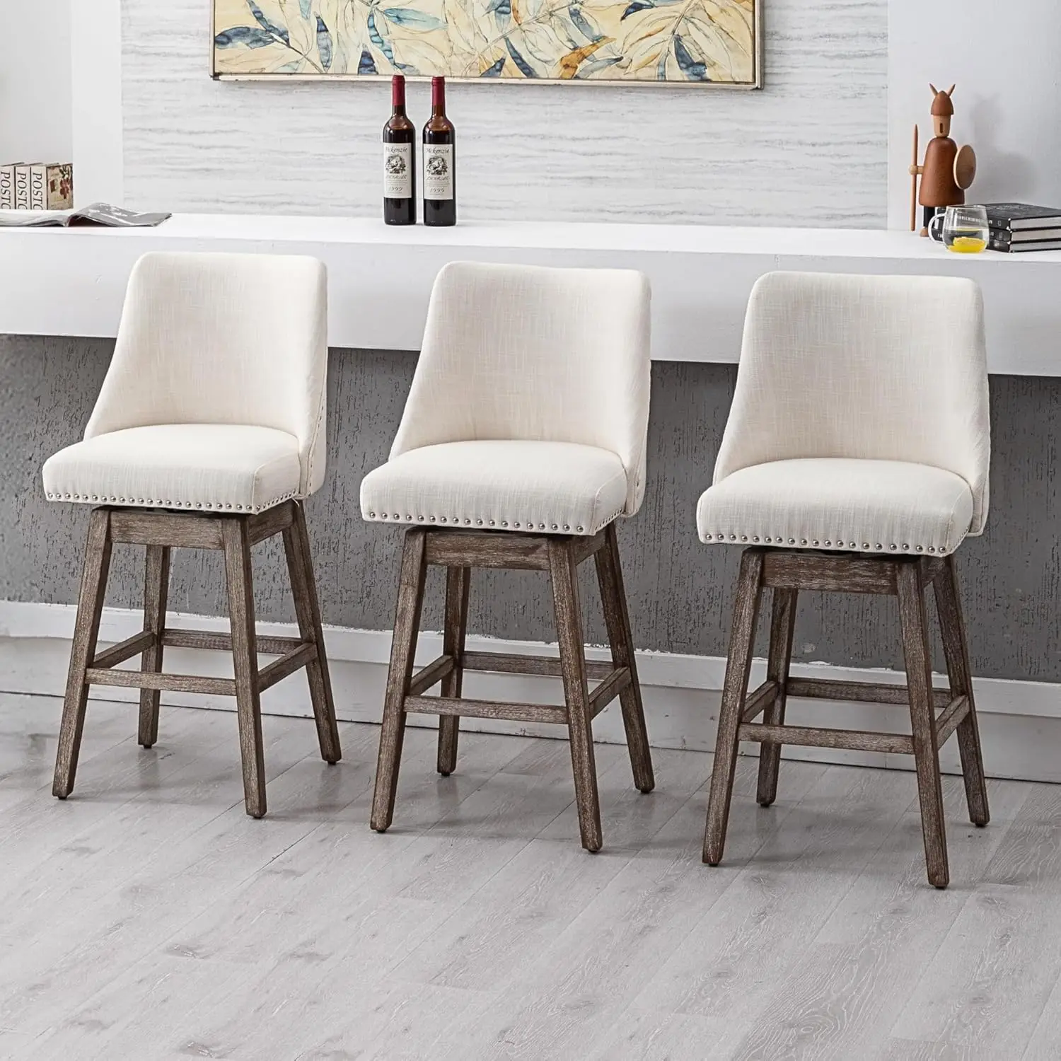 

Набор из 3 барных стульев высотой 27,5 дюйма, обитых льняной тканью, в стиле середины века, с поворотным механизмом, спинкой и деревянными ножками, на заказ