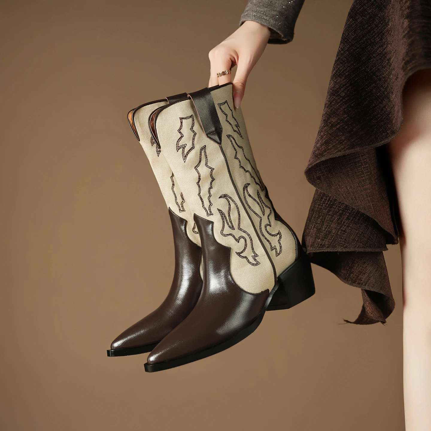 2026 new autumn winter women ankle boots natural leather plus size 22-25cm cowhide+denim pointed toe thick heel western boots view 2