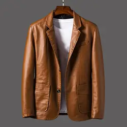 2025 Men's Leather Jackets Lapel Business Leather Jackets Men Pu Blazers Korean Style Slim Fashion Leather Coat