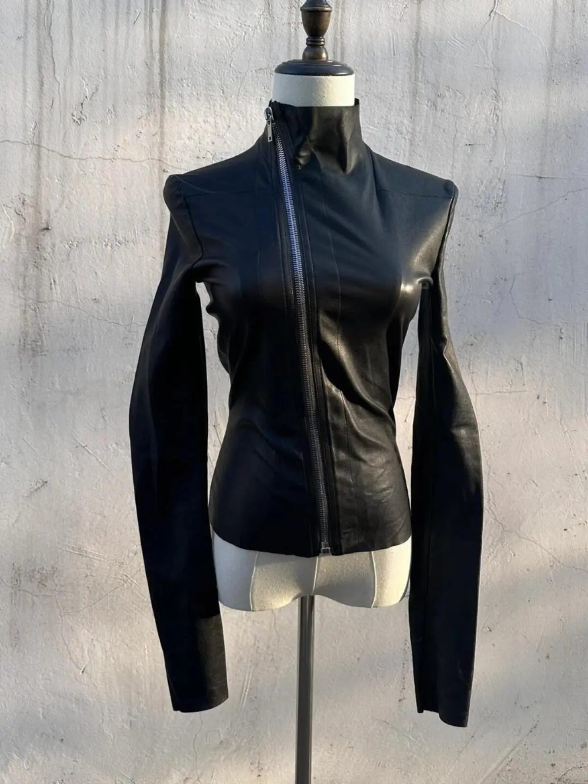 High Street Jackets Dark RO Style Women's Autumn New High Neck PU Leather Jacket Slim Fit Slanted Zipper Jacket Short Jacket