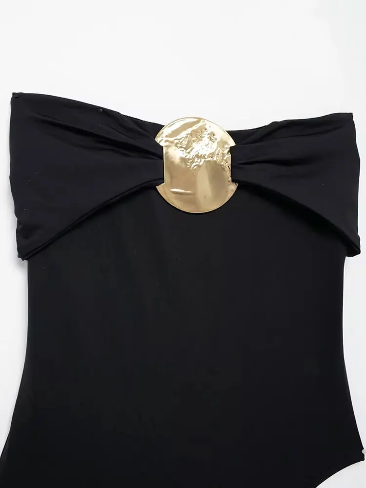 Strapless Bodysuits with Metal Appliques for Women, Straight Neck, Skinny Playsuits, Sexy Fashion