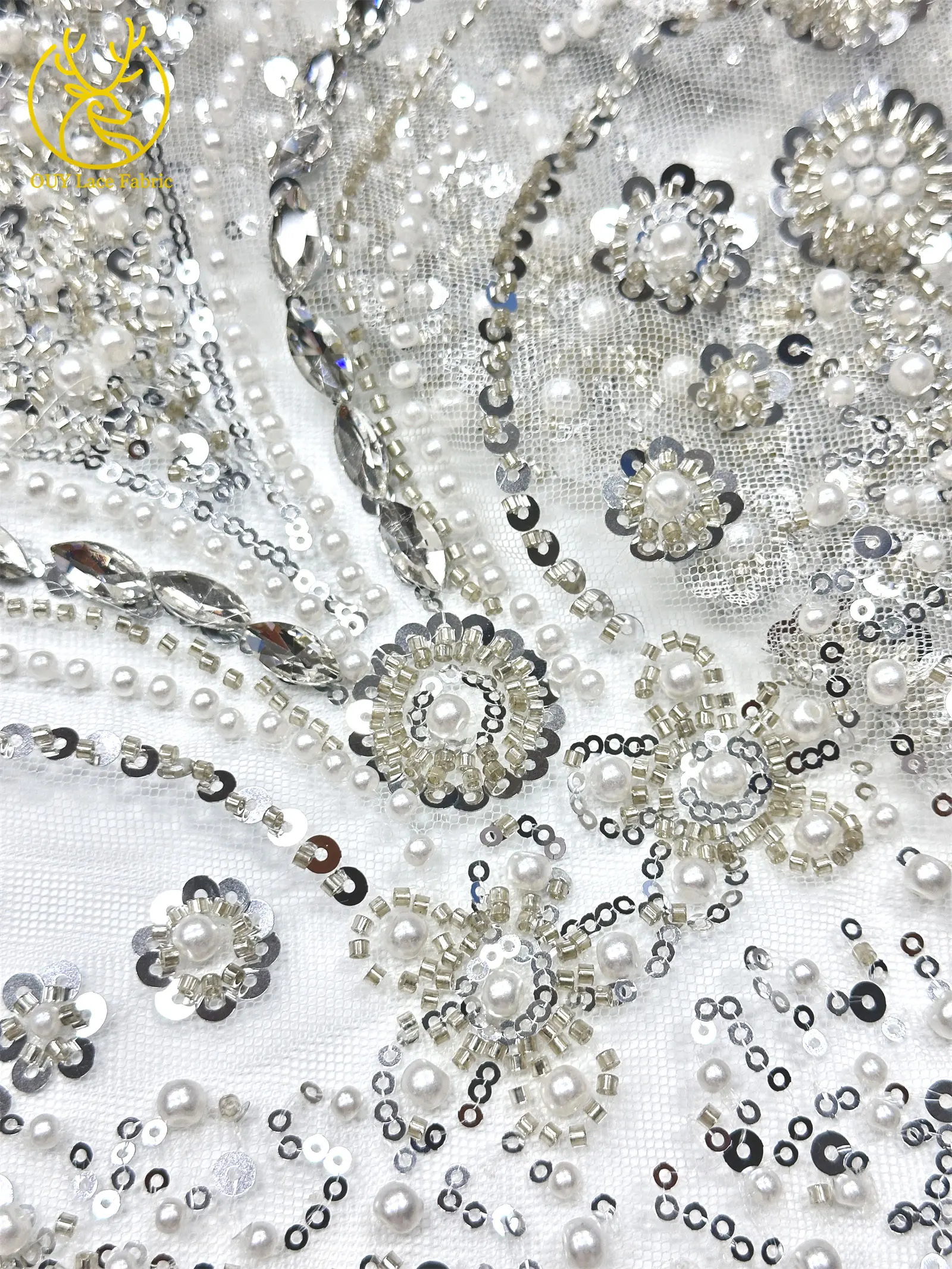 Luxuriöser königlicher lila afrikanischer handgefertigter Perlen-Spitzenstoff, französischer Pailletten-Stein-Tüll-Spitzenstoff für Hochzeitskleid-Design – Detail 17