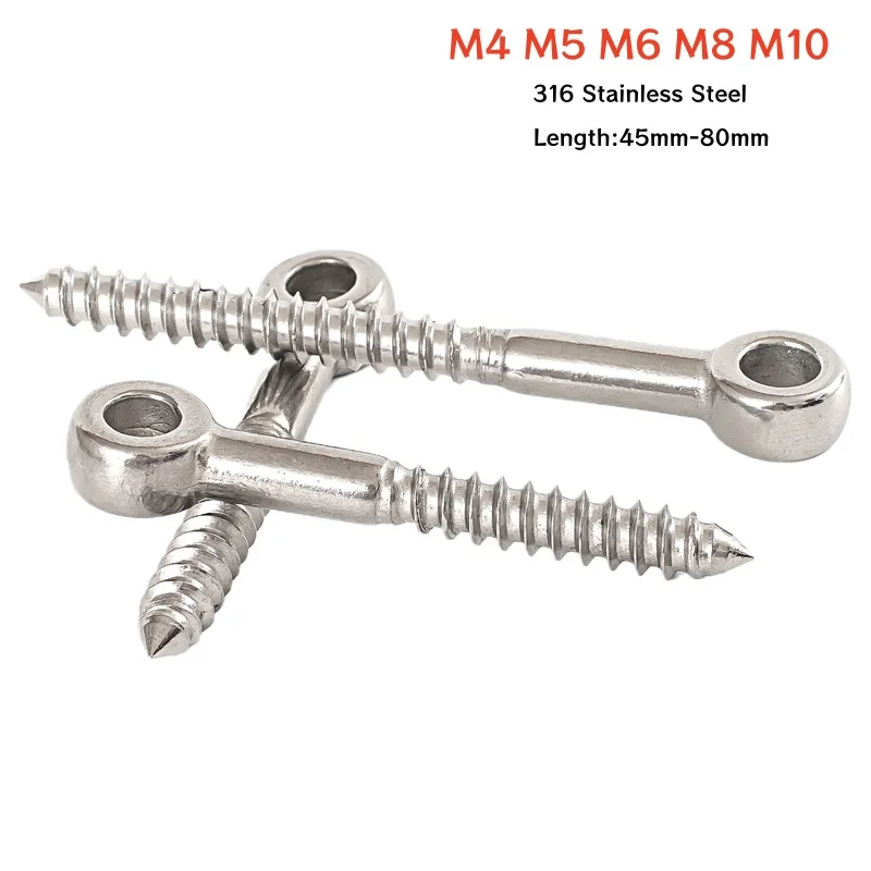 316 Stainless Steel M4 M5 M6 M8 M10 Eye Shape Screws Wood Terminal Ring Eyelet Hooks Self Tapping Wire Rope Accessories Eyebolt