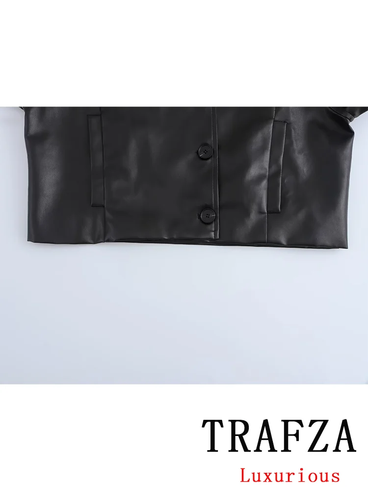 TRAFZA Vintage Leather Chic Women Suit Solid Single Breasted O-Neck Short Coat Loose Zipper Long Pants Fashion 2024 Autumn Sets