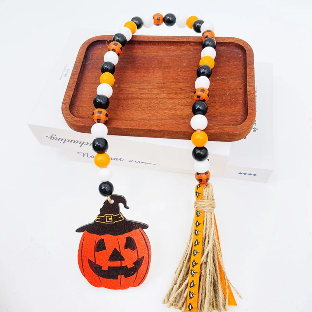 

Wooden Bead String Twine Fringe Pendant Halloween Pumpkin Ghost Prank Mummy Moon Cat Home Pendant Festive Atmosphere Decoration