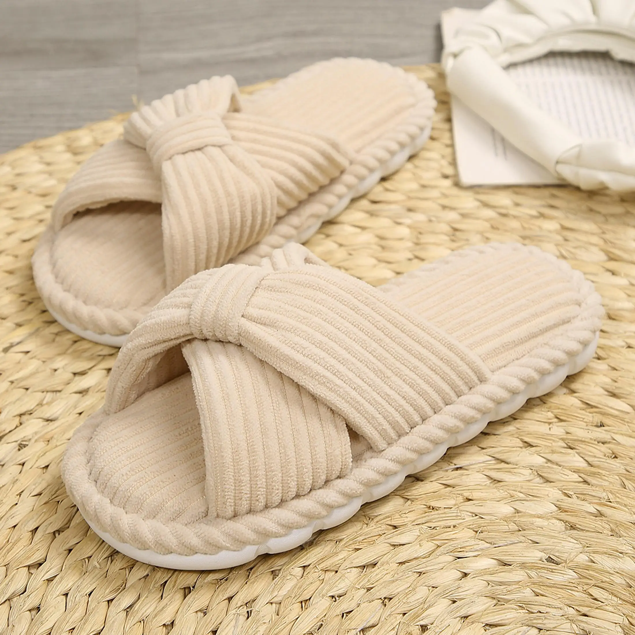 Cross Band Slippers For Women Indoor Corduroy Bow Open Toe Slippers Memory Foam Outdoor Shoes