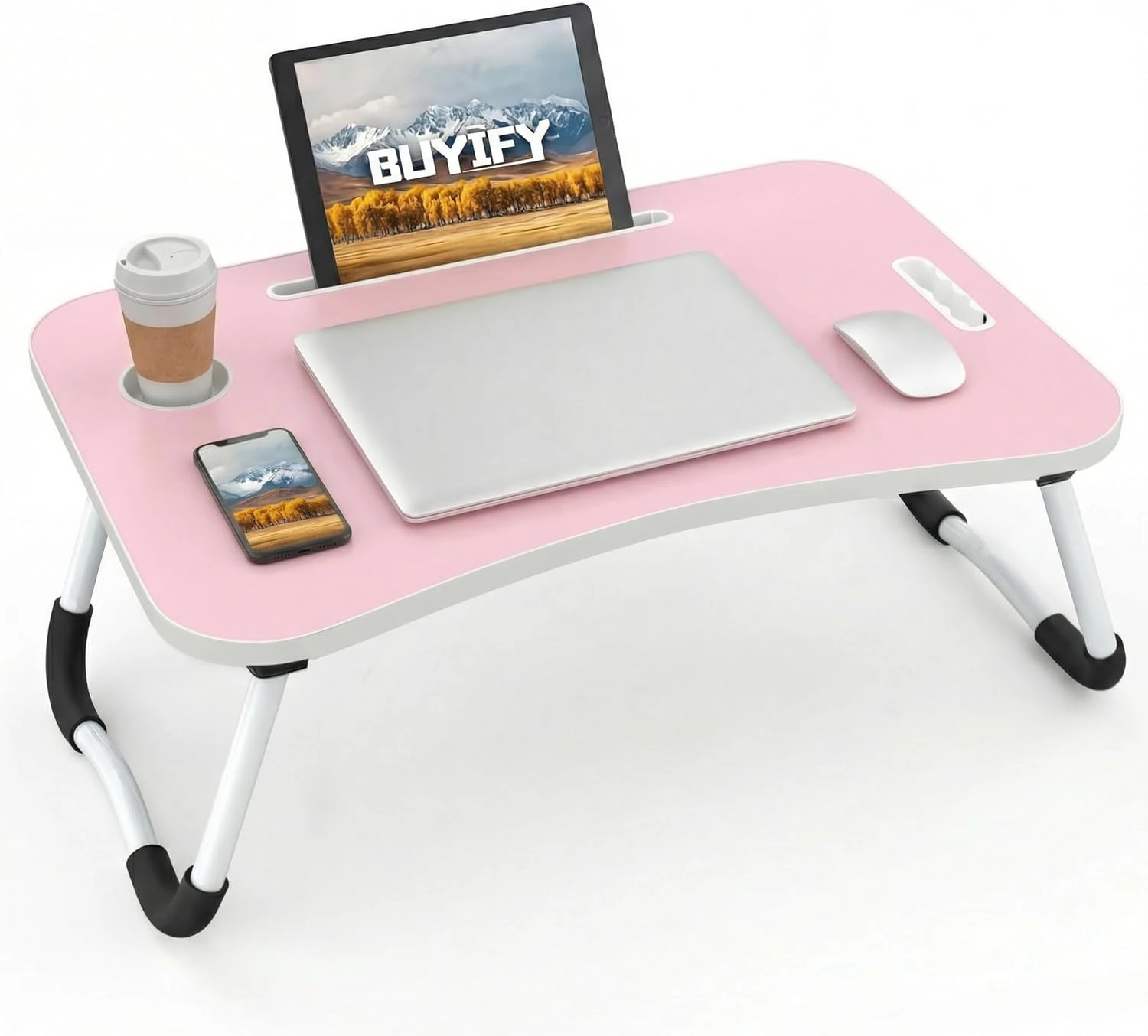 Foldable Laptop Lap Desk With Cup Holder & Tablet Slot, Portable Wooden Bed Table, Multi Function Lazy Desk for Working Reading Eating, Suitable for Bed Sofa Couch Dorm WFH Students