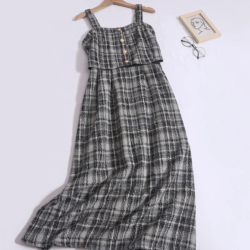 Hikigawa Vintage French Women Woolen Straps Dresses Spring Casual All Match Plaid Elegant Slim Waist Maxi Vestidos Mujer