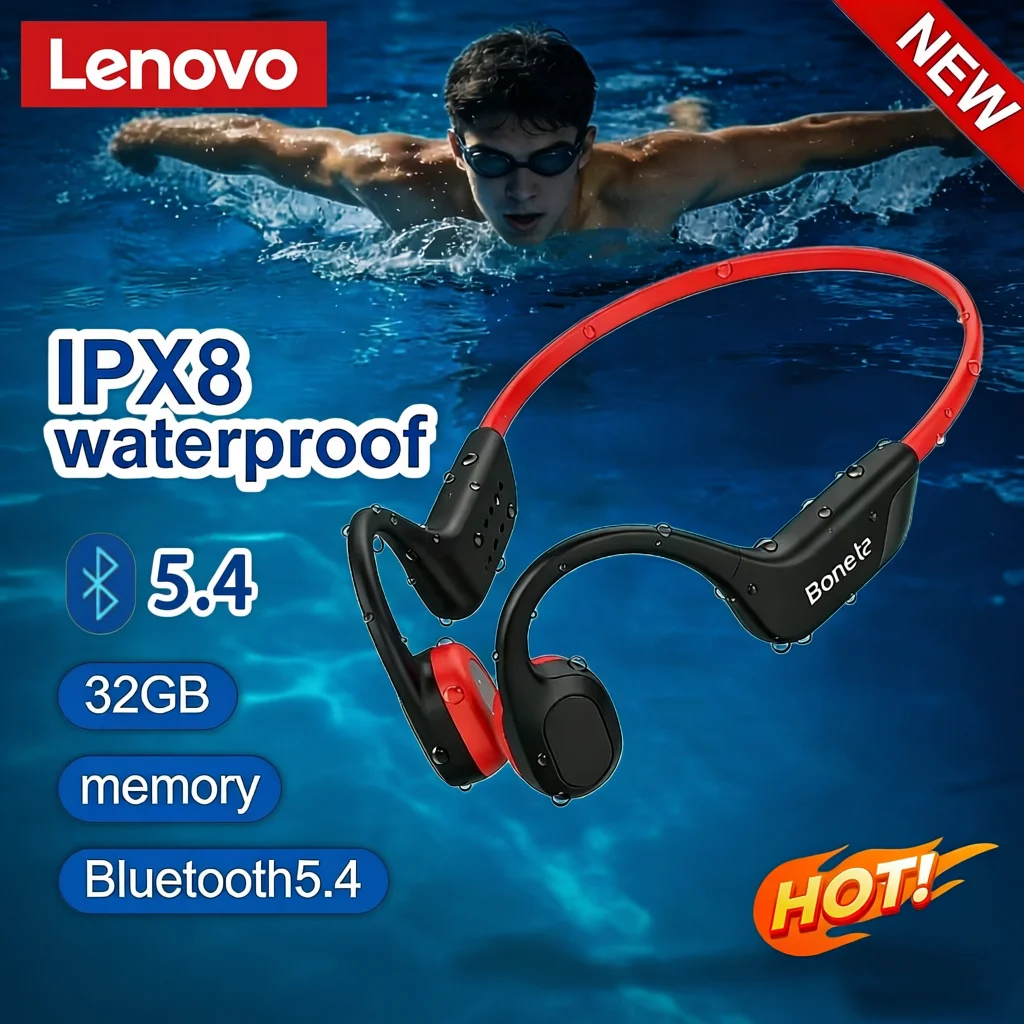 Lenovo Bone Conduction Headset Bluetooth 5.4 With Mic Waterproof Exercise Fitness Wireless Swimming Sports Headphone New 2026