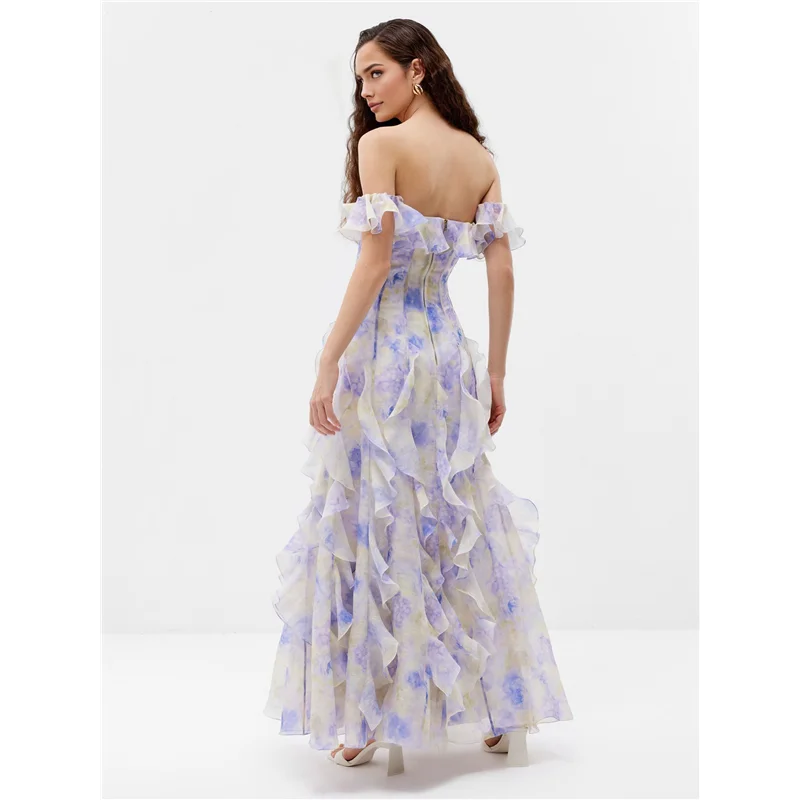 CGS-Womens Maxi Dresses Summer Off Shoulder Floral Dress Ruffle Beach Flowy Boho Wedding Guest Dress