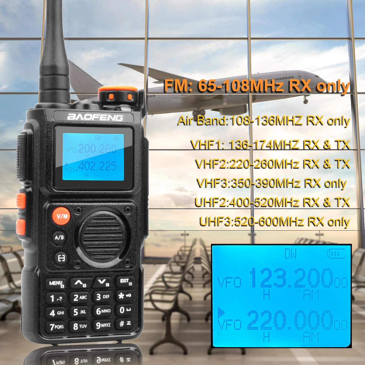 Baofeng K6 2M 70CM Air Band VHF UHF Dual Wait Multi-Band Wireless Freq Copy Noise Cancellation 999Ch FM Radio 1750Hz Tone Burst