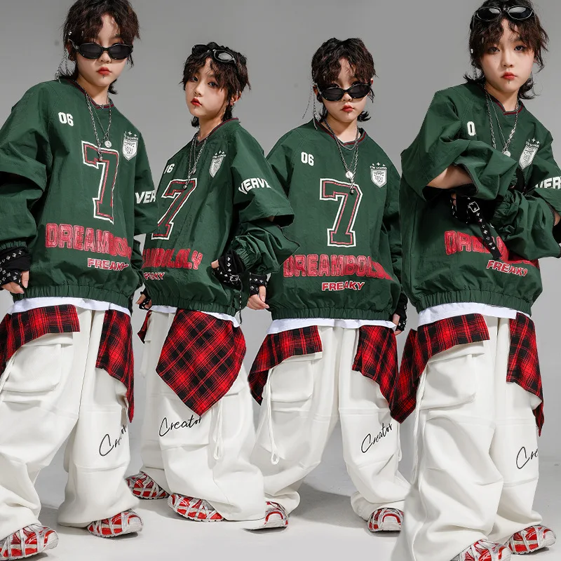 Kinder-Hip-Hop-Kleidung, grün, V-Ausschnitt, elastischer Saum, Sweatshirt, weiß, lässig, breite Cargohose für Mädchen, Jungen, Jazz-Tanzkostüme, Kleidung