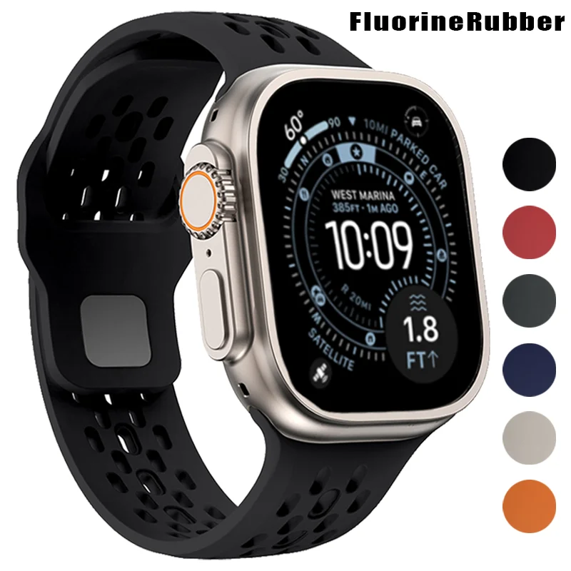 

Fluororubber Strap for Apple Watch Ultra 3 2 1 49mm Series 11 10 46mm 41mm Breathable Band for IWatch 9 8 7 6 5 Se 42mm Bracelet