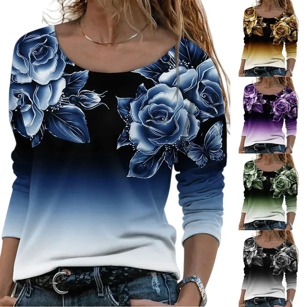 بلوزة نسائية بأكمام طويلة ورقبة دائرية متدرجة وطبعة زهور، بلوفر كاجوال فضفاض مناسب للارتداء اليومي وملابس نادي العطلات والعطلات #3