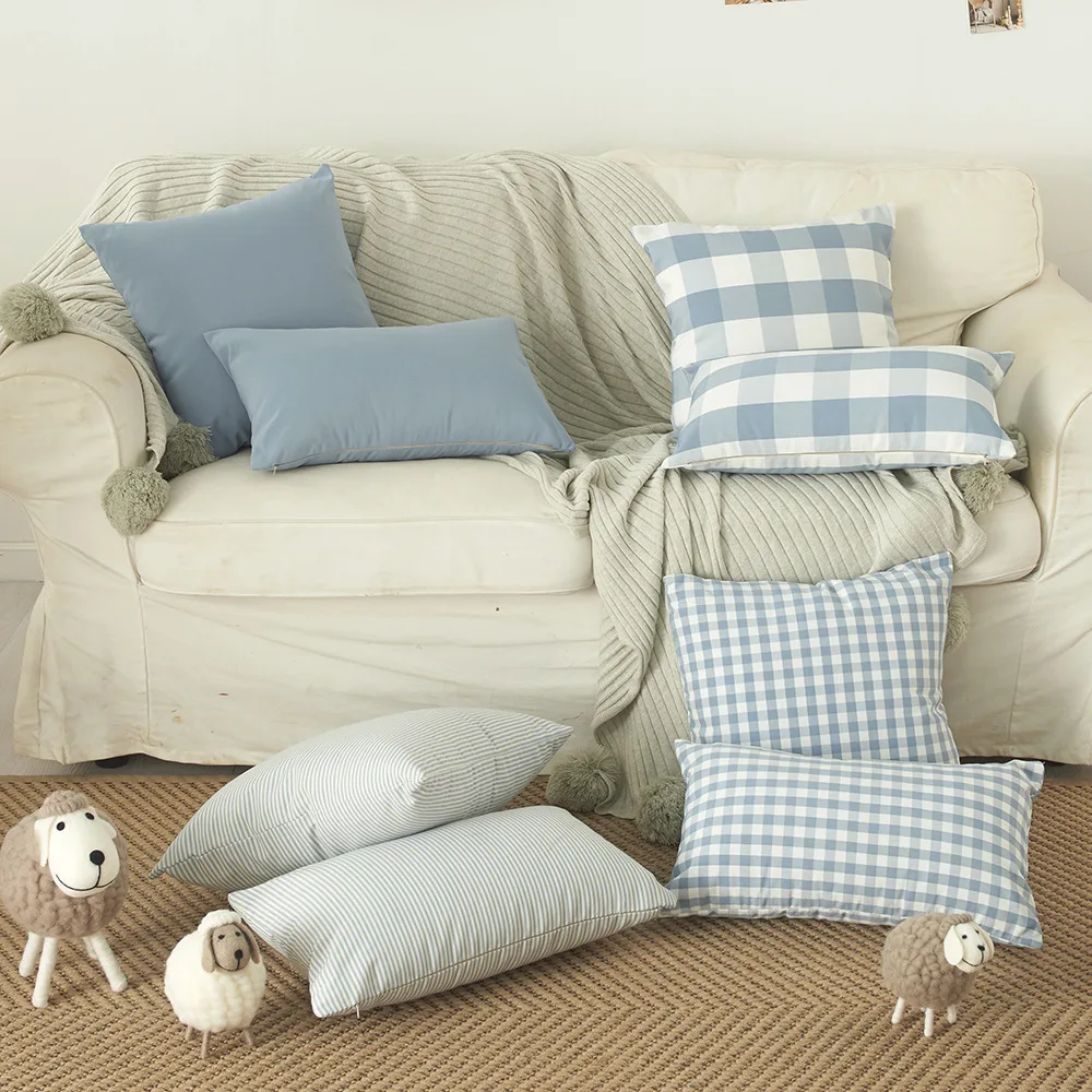 

Little Fresh Plaid Striped Throw Pillowcase 30x50cm 45x45cm canvas Blue Style Cushion Cover For Living Room Sofa Home Decor