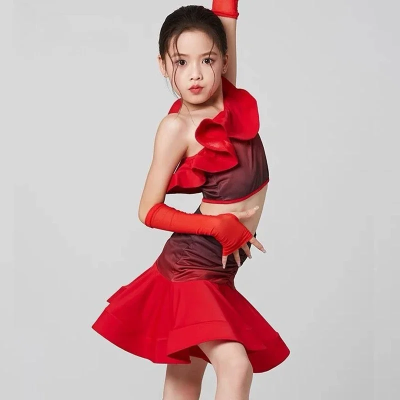 Kind Latin Dans Jurk Set Kostuum voor Meisjes Rode Rok Tango Cha Cha Samba Kleding Training Competitie 2025, Nieuwe Zomer