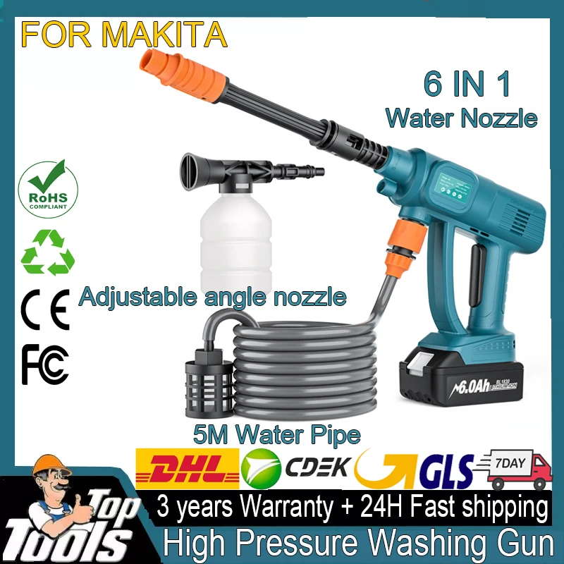 

High Pressure Cleaning Gun For Makita 18V Battery Tool Washing Machine Portable 6 in 1 Water Nozzle For Car Window Floor Washing