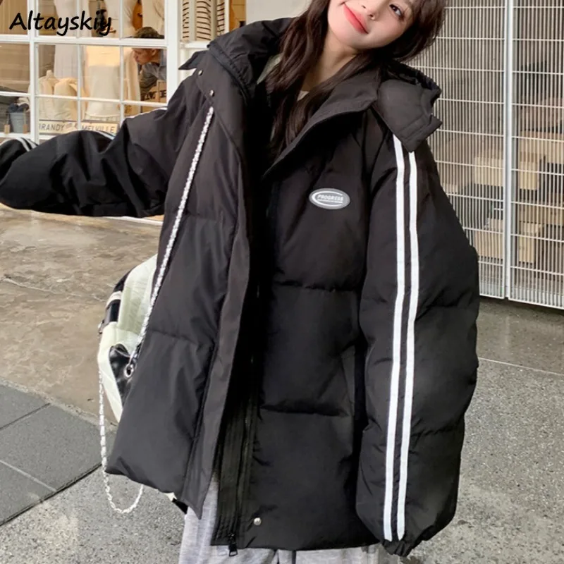 Black Parkas Women Winter College Unisex Couples Loose Soft Warm Hooded All-match Leisure Streetwear Korean Style Attractive Ins