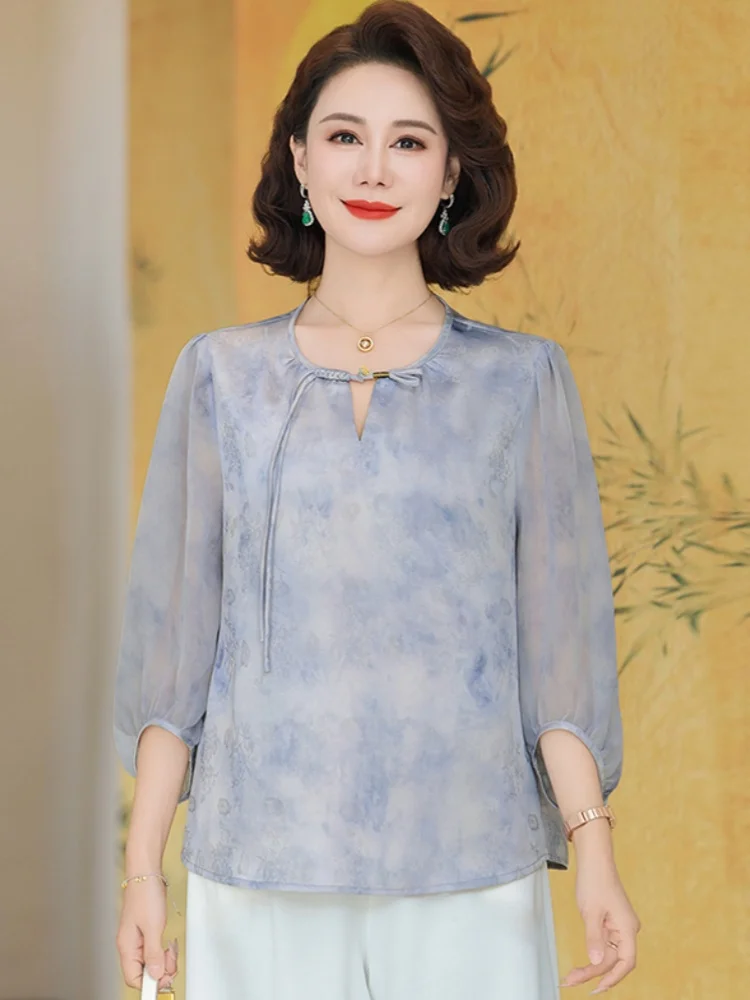 

Новая модная летняя блузка свободного кроя с эффектом похудения, рукав 3/4, в китайском стиле, для мам, повседневная, удобная, из полиэстера