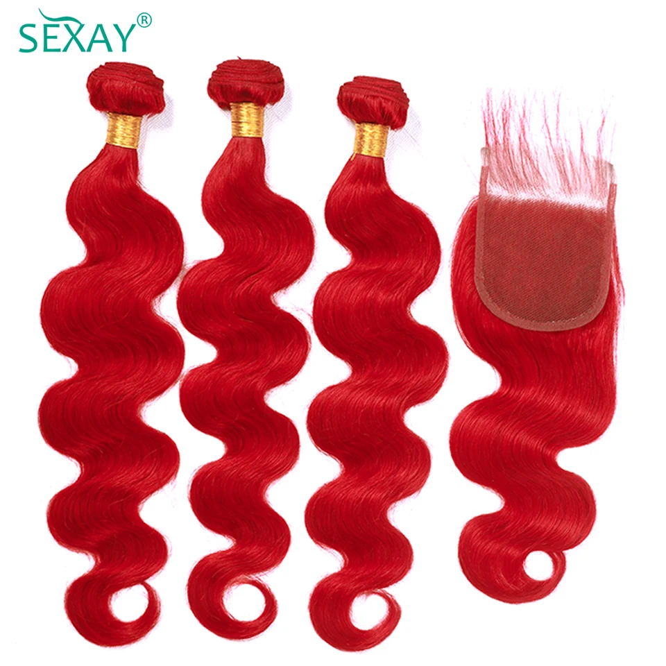 Tissage en Lot Brésilien Naturel Body Wave Ombré Rouge 1B, 4x4, avec Dentelle Transparente, pour Femme, 3 Lots