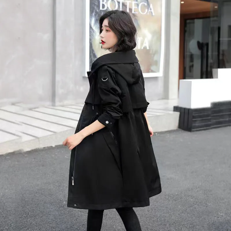 Korean Long Trench Coat Women 2024 Spring Autumn Casual Hooded Drawstring Windbreaker Female Overcoat