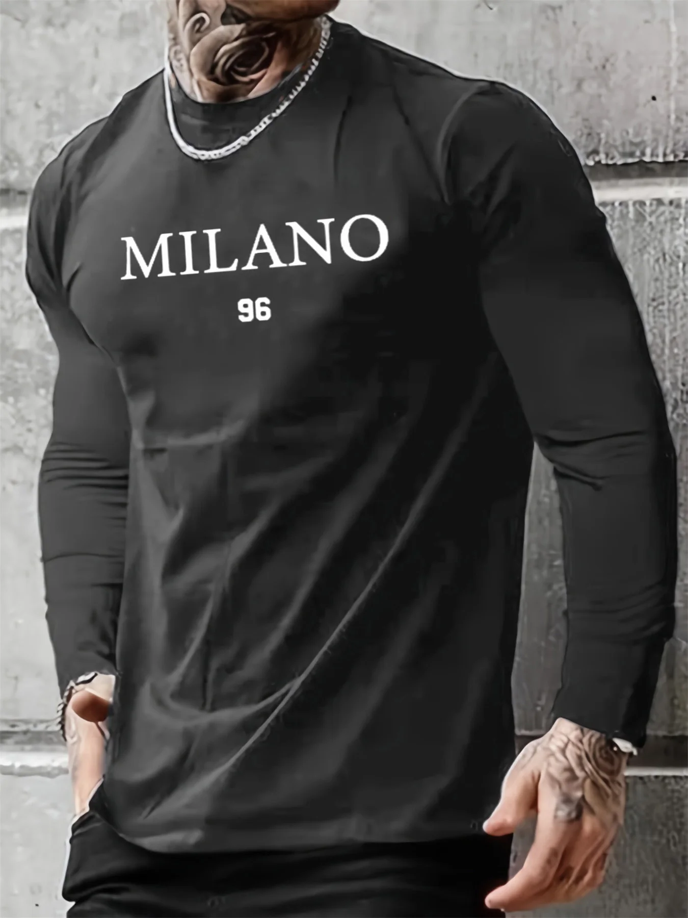 100% pure cotton men's long sleeved round neck loose casual MILANO 96 printed spring and autumn versatile T-shirt top