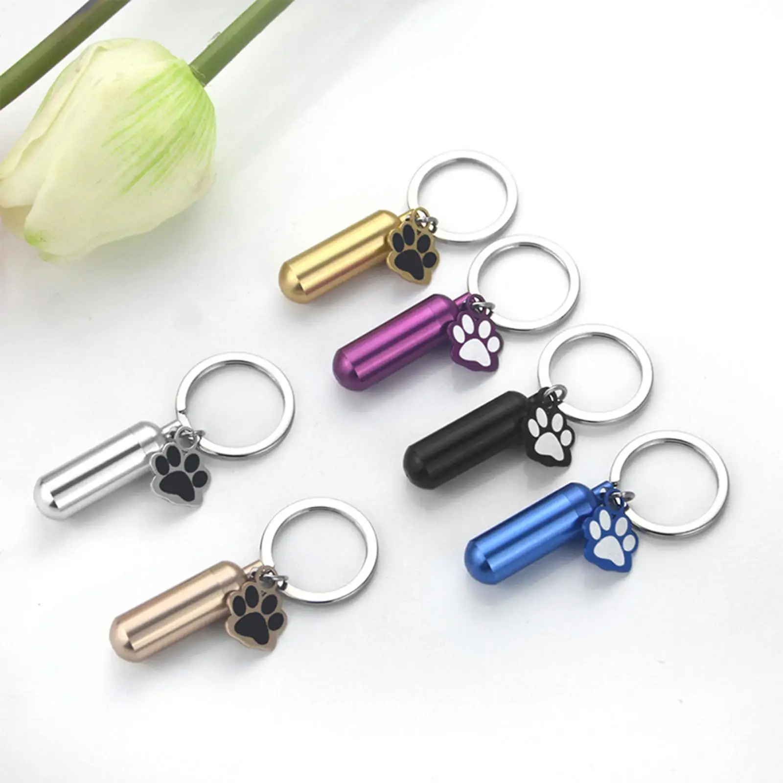 Pet Hair Memorial Bottle Keychain Ornament Paw Print Cremation Urn for Dog Cat Ashes Stainless Steel Travel Keepsake