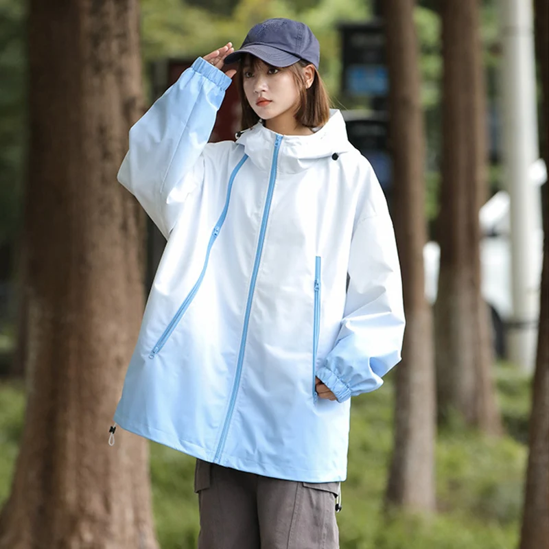 Outerdoor Hiking Cycling Windproof Waterproof Coat 2025 Autumn Gradient Hooded Jacket Women Fashion Oversized Skiing Outerwear