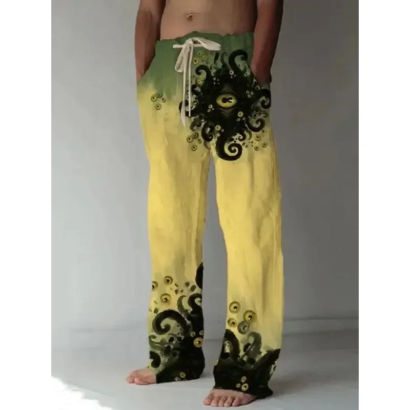 Men's Vintage Geometric Print Casual Pants, Ethnic Tribal Style Wide Leg Summer Trousers in Soft Flare Plus Size