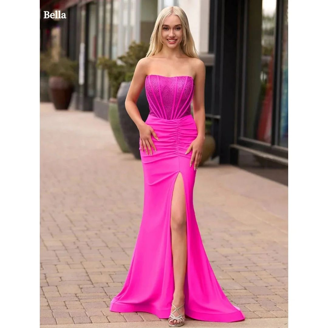

Bella Customize Rose Red Mermaid robes de soirée Side Slit Strapless Prom Dresses Backless Satin Floor-Length Wedding Dress 2025