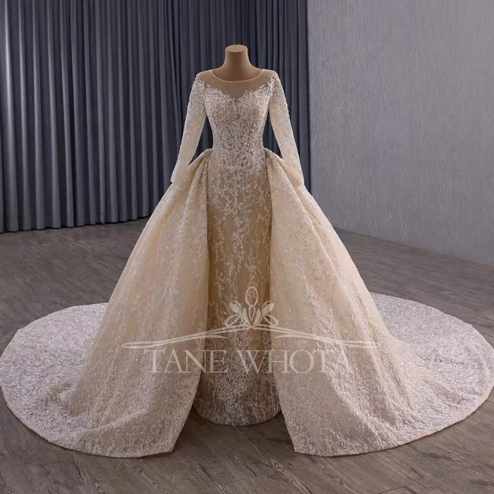

Champagne Color Evening Dresses O-Neck Long Sleeve Crystal Lace Up Back Prom Party Gown For Women