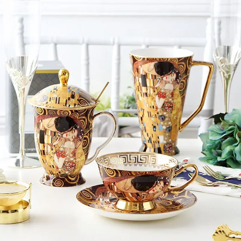 Klimt Kiss Porcelian Mugs Coffee Cups With Spoon Gustav klimt Bone china Tea Cup Wedding Birthday Gifts Home Office Drinkware