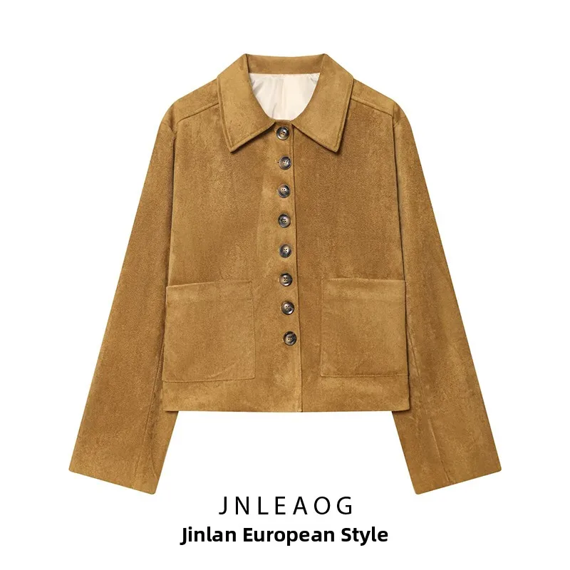 JNLEAOG Faionable ort Cappotto in pelle scamosciata per donna Autunno Nuovo design con bottoni Sle All-Match Sli Capispalla da donna Jaet