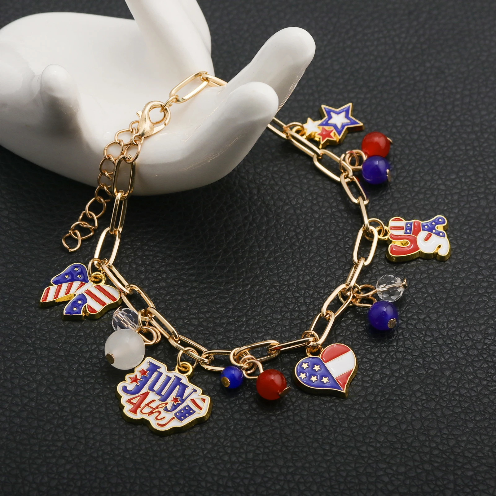 Bracelet Necklace Earrings Set Patriotic Heart US Map Pendant Red White Blue Enamel Jewelry Independence Day Gift For Women