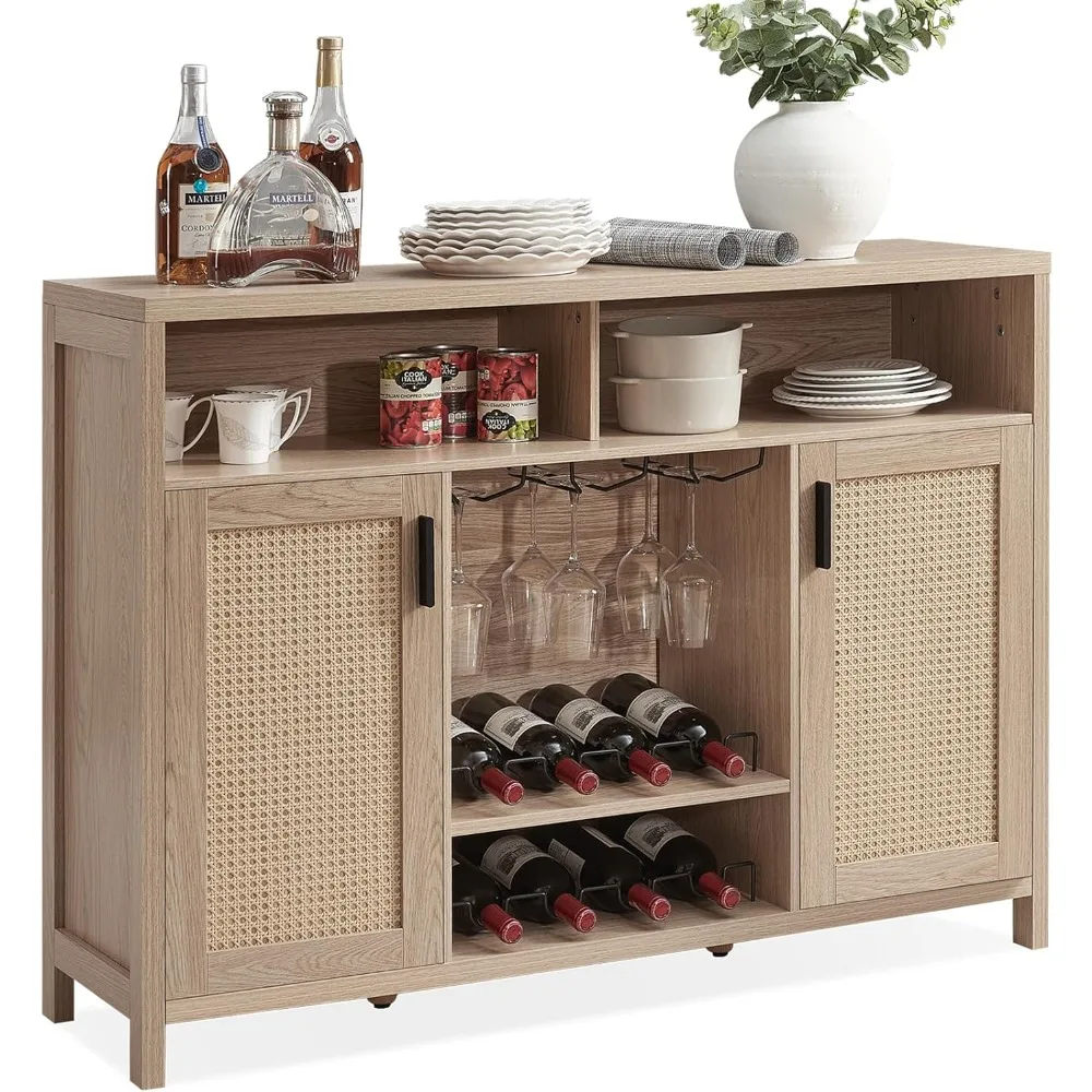 

Coffee Bar Cabinet, Rattan Buffet Sideboard Cabinets With Storage, Boho Liquor Cabinet For Home With Glass Holder And Wine Racks