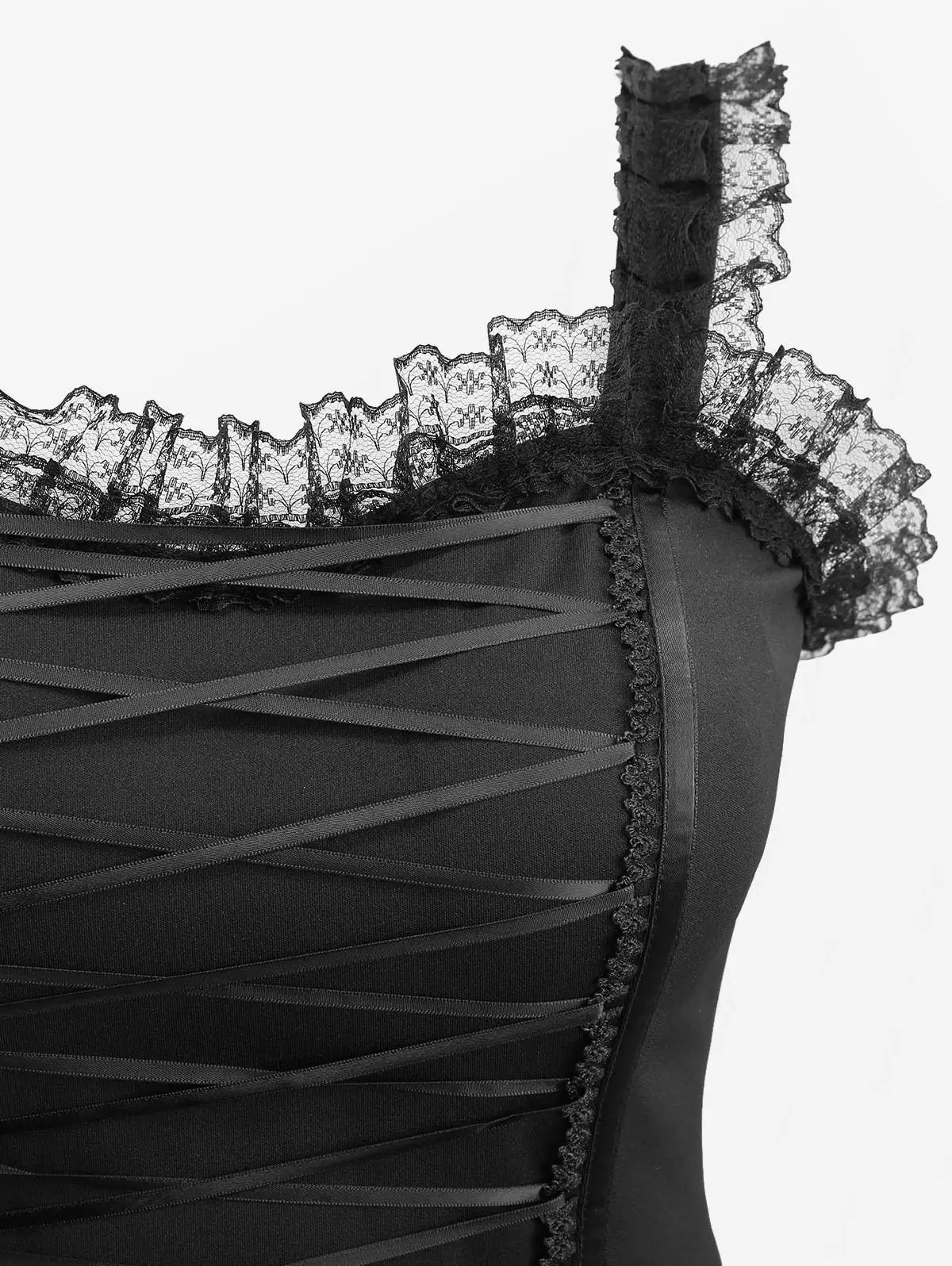 เสื้อครอปท็อปทรงคอร์เซ็ทแบบผูกเชือก แต่งลูกไม้ลายดอกไม้ ระบายลูกไม้ สีดำ สไตล์ลำลอง แบบเต็มคัพ ปิดด้านหลัง ยี่ห้อ ROSEGAL ไซส์พลัส