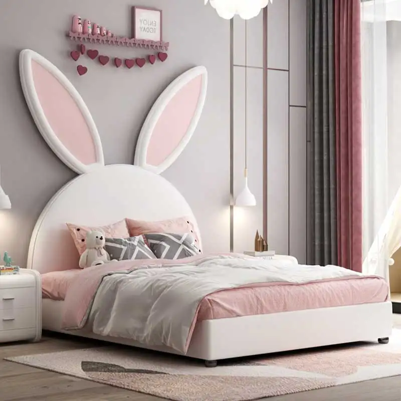 Conjuntos de muebles de dormitorio para niños y niños, moderno, de lujo, con forma de Animal, diseño de conejo de dibujos animados, cama doble de cuero para niños y niñas