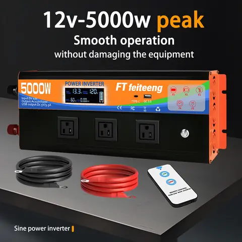 4000W 5000W Power Solar Inverter 12V to 110V 220V LCD Display US EU Universal 3 Sockets 2 USB Type-C Car Inverter Convertor