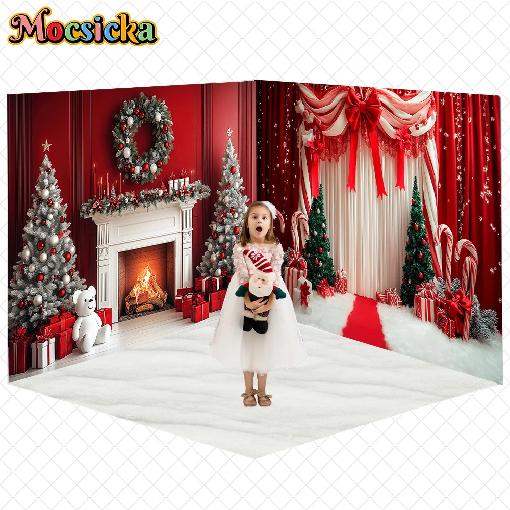 

Mocsicka Christmas Backdrop Photography Tree Red Window Fireplace Decor Wallpaper Family New Year Party Background Studio Banner