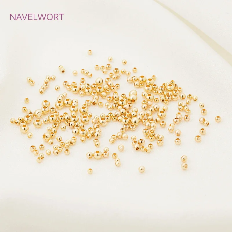 14K Gold Plated Brass Metal Seed Beads, Redondo, Espaçador Liso, Pulseira, Colar, DIY, Acessórios para Jóias, 2.5mm, 3mm, 4mm