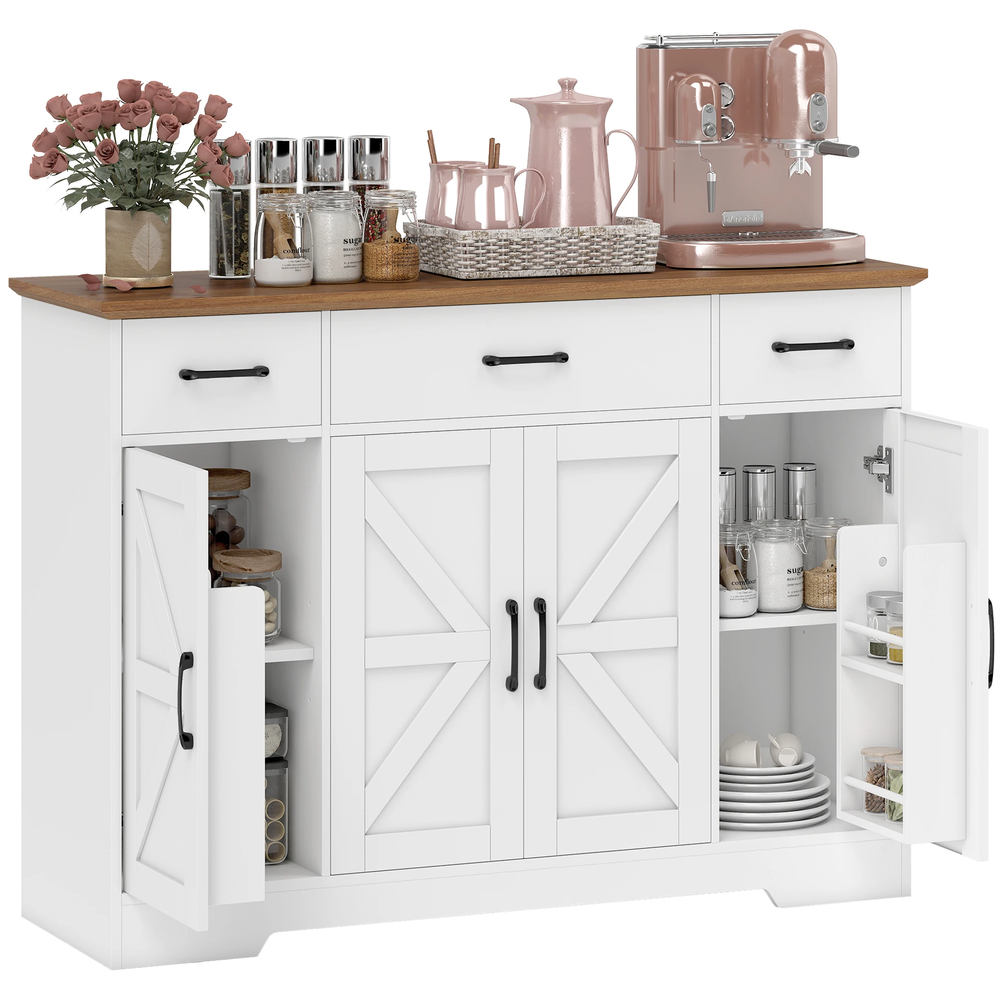 HOMCOM Aparador de Cocina Rústico 4 Estantes de Puerta Estantes Ajustables 3 Cajones 120x38x87 cm Blanco y Nogal
