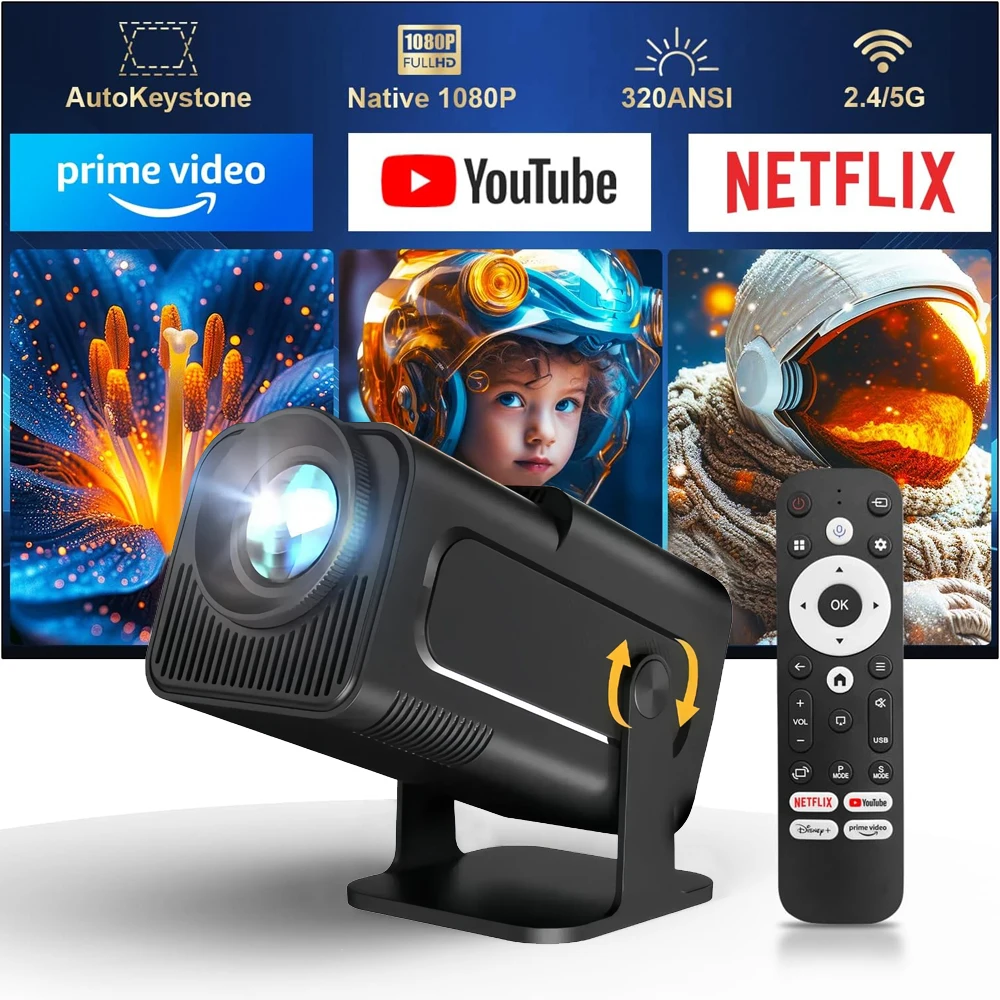 جهاز عرض ذكي جديد 2025 KaiAqua HY320 يعمل بنظام أندرويد 11 390ANSI HD 4K أصلي 1080P Dual Wifi6 BT5.0 جهاز عرض محمول لمستوى السينما