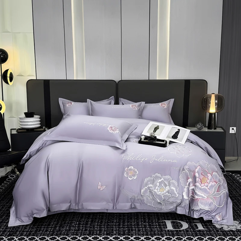

Purple Flower Embroidery Cotton Bedding Set, Duvet Cover, Linen Fitted Sheet, Pillowcases, Home Textile